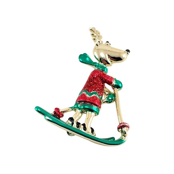 Vintage AJC Enamel Christmas Reindeer Ski Brooch Pin 2'' - Picture 6 of 8
